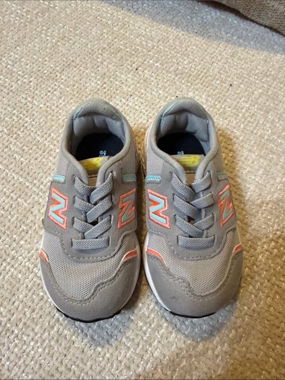 New Balance Kids Gray Sneakers with Coral and Mint Accents